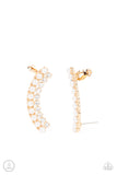 Doubled Down On Dazzle - Gold - Paparazzi Accessories -  Item #P5PO-CRGD-126XX Featuring classic gold fittings, two rows of dainty white pearls and glassy white rhinestones arch into a timeless statement piece. Earring attaches to a standard post earring. Features a clip-on fitting at the top for a secure fit.  Sold as one pair of ear crawlers.
