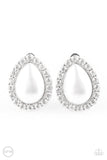 Dapper Dazzle - White Clip-On - Paparazzi Accessories -  #P5CO-WTXX-076XX  Glassy white rhinestones spin around a pearly teardrop center, creating a timeless frame. Earring attaches to a standard clip-on fitting.  Sold as one pair of clip-on earrings by DeesBlings.com - Affordable Fashion Jewelry that is Lead and Nickel free.
