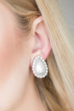 Dapper Dazzle - White Clip-On - Paparazzi Accessories -  #P5CO-WTXX-076XX  Glassy white rhinestones spin around a pearly teardrop center, creating a timeless frame. Earring attaches to a standard clip-on fitting.  Sold as one pair of clip-on earrings by DeesBlings.com - Affordable Fashion Jewelry that is Lead and Nickel free.