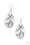 Underestimated - Silver - Paparazzi Accessories -  #P5SE-SVXX-088XX  A collection of smooth, textured, and smoky rhinestone encrusted frames collide inside an airy silver teardrop for an unexpected shimmer. Earring attaches to a standard fishhook fitting.  Sold as one pair of earrings by DeesBlings.com - Affordable Fashion Jewelry that is Lead and Nickel free.