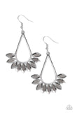 Be-on-guard silver earrings - Paparazzi Accessories  P5ED-SVXX-072XX  Marquise cut hematite rhinestones fan from the bottom of an antiqued silver teardrop, creating an edgy fringe. Earring attaches to a standard fishhook fitting.  Sold as one pair of earrings at DeesBlings.com - Affordable Fashion Jewelry that is Lead and Nickel free.