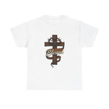 Blessed Jesus Cross T-Shirt — Wooden Cross with Crown & Scroll Design