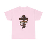 Blessed Jesus Cross T-Shirt — Wooden Cross with Crown & Scroll Design