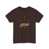 Blessed Jesus Cross T-Shirt — Wooden Cross with Crown & Scroll Design