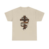 Blessed Jesus Cross T-Shirt — Wooden Cross with Crown & Scroll Design