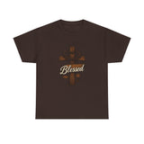 Blessed Jesus Cross T-Shirt — Wooden Cross with Crown & Scroll Design