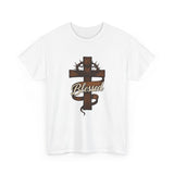 Blessed Jesus Cross T-Shirt — Wooden Cross with Crown & Scroll Design