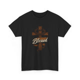 Blessed Jesus Cross T-Shirt — Wooden Cross with Crown & Scroll Design