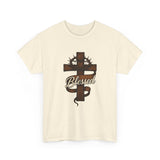 Blessed Jesus Cross T-Shirt — Wooden Cross with Crown & Scroll Design