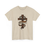 Blessed Jesus Cross T-Shirt — Wooden Cross with Crown & Scroll Design