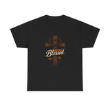 Blessed Jesus Cross T-Shirt — Wooden Cross with Crown & Scroll Design