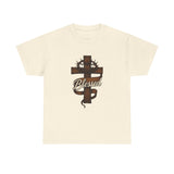 Blessed Jesus Cross T-Shirt — Wooden Cross with Crown & Scroll Design
