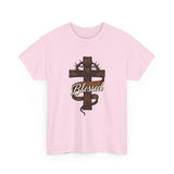 Blessed Jesus Cross T-Shirt — Wooden Cross with Crown & Scroll Design