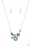 Exquisitely Eden - Blue - Paparazzi Accessories -  Item #P2WH-BLXX-412XX Dotted with blue cat's eye stones and dainty white rhinestones, mismatched floral frames connect below the collar for a whimsical look. Features an adjustable clasp closure.  Sold as one individual necklace. Includes one pair of matching earrings.