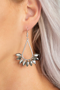 Be-on-guard silver earrings - Paparazzi Accessories  P5ED-SVXX-072XX  Marquise cut hematite rhinestones fan from the bottom of an antiqued silver teardrop, creating an edgy fringe. Earring attaches to a standard fishhook fitting.  Sold as one pair of earrings at DeesBlings.com - Affordable Fashion Jewelry that is Lead and Nickel free.