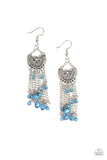 Daisy Daydream - Blue - Paparazzi Accessories -  #P5WH-BLXX-217XX  Dotted with a solitaire white rhinestone, a shimmery silver floral frame gives way to an array of Bluestone beaded tassels for a whimsical flair. Earring attaches to a standard fishhook fitting.  Sold as one pair of earrings at DeesBlings.com - Affordable Fashion Jewelry that is Lead and Nickel free.