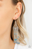 Daisy Daydream - Blue - Paparazzi Accessories -  #P5WH-BLXX-217XX  Dotted with a solitaire white rhinestone, a shimmery silver floral frame gives way to an array of Bluestone beaded tassels for a whimsical flair. Earring attaches to a standard fishhook fitting.  Sold as one pair of earrings at DeesBlings.com - Affordable Fashion Jewelry that is Lead and Nickel free.