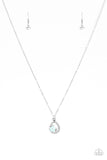 Serene Spring Showers - Blue - Paparazzi Accessories -  Item #P2DA-BLXX-096XX A dainty blue blossom, glittery white rhinestone, and opal rhinestones are nestled inside an ornate silver teardrop, creating a whimsical pendant below the collar. Features an adjustable clasp closure.  Sold as one individual necklace. Includes one pair of matching earrings.