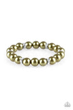 Exquisitely Elite - Green - Paparazzi Accessories -  Classic green pearls and glittery white rhinestone encrusted rings are threaded along a stretchy band, creating a timeless centerpiece around the wrist.  Sold as one individual bracelet.