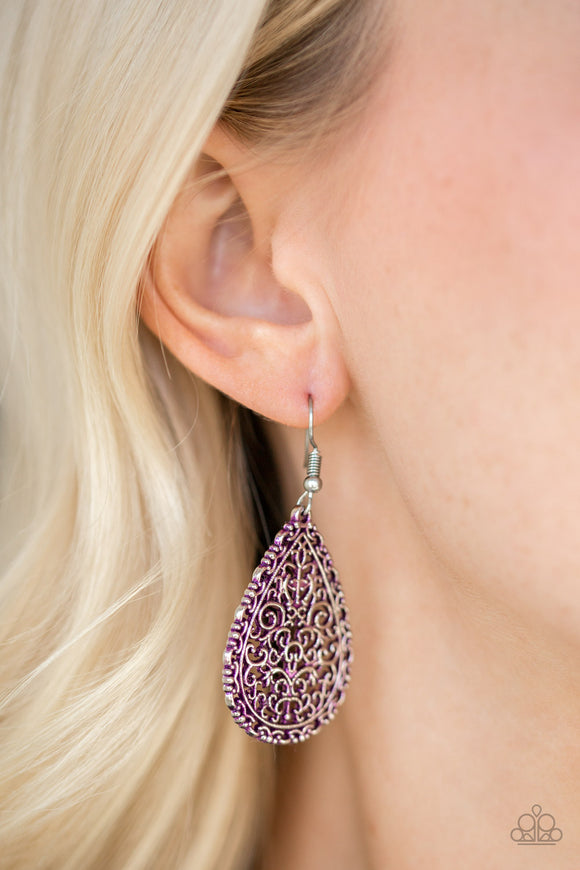 Indie Idol - Purple - Paparazzi Accessories -  Item #P5WH-PRXX-172XX Brushed in a vivacious purple finish, vine-like filigree climbs a shimmery silver teardrop for a whimsical look. Earring attaches to a standard fishhook fitting.  Sold as one pair of earrings.