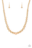 High-Stakes FAME - Gold - Paparazzi Accessories -  Gradually increasing in size near the center, glistening gold beads are threaded along an invisible wire below the collar. Encrusted in glassy white rhinestones, a sparkling gold bead adorns the center for a refined finish. Features an adjustable clasp closure.  Sold as one individual necklace. Includes one pair of matching earrings.  Paparazzi Accessories jewelry is always lead free and nickel free.