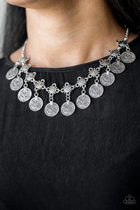 Walk The Plank - Silver - Paparazzi Accessories -  Item #P2TR-SVXX-104XX Coin-like discs swing from the bottoms of ornate silver frames, creating a boisterous fringe below the collar. Features an adjustable clasp closure.  Sold as one individual necklace. Includes one pair of matching earrings.