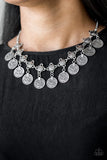 Walk The Plank - Silver - Paparazzi Accessories -  Item #P2TR-SVXX-104XX Coin-like discs swing from the bottoms of ornate silver frames, creating a boisterous fringe below the collar. Features an adjustable clasp closure.  Sold as one individual necklace. Includes one pair of matching earrings.