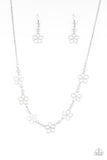 Always Abloom - Silver - Paparazzi Accessories -   Item #P2WH-SVXX-256XX Dainty silver pearls and airy floral frames link below the collar for a seasonal look. Features an adjustable clasp closure.  Sold as one individual necklace. Includes one pair of matching earrings.