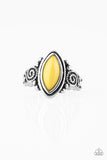 ZOO Hot To Handle - Yellow - Paparazzi Accessories -  Item #P4WH-YWXX-099XX A sunny yellow bead is pressed into a dainty silver band radiating with studded and swirling details for a seasonal look. Features a dainty stretchy band for a flexible fit.  Sold as one individual ring.