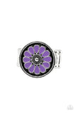 Garden View - Purple - Paparazzi Accessories -   Item #P4WH-PRXX-154XX Brushed in an antiqued shimmer, vivacious purple petals spin into a whimsical floral pattern atop the finger. Features a stretchy band for a flexible fit.  Sold as one individual ring.