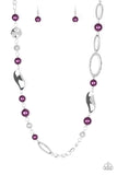 All About Me - Purple - Paparazzi Accessories -  Item #P2RE-PRXX-152XX Oversized purple pearls, ornate silver beads, and an array of glistening silver accents trickle along a lengthened silver chain for a refined look. Features an adjustable clasp closure.  Sold as one individual necklace. Includes one pair of matching earrings.