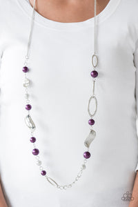 All About Me - Purple - Paparazzi Accessories -  Item #P2RE-PRXX-152XX Oversized purple pearls, ornate silver beads, and an array of glistening silver accents trickle along a lengthened silver chain for a refined look. Features an adjustable clasp closure.  Sold as one individual necklace. Includes one pair of matching earrings.