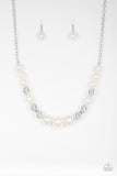 Take Note - White - Paparazzi Accessories -  A collection of oversized silver and pearly white beads drape across the chest for a refined look. Features an adjustable clasp closure.  Sold as one necklace with matching pair of earrings.