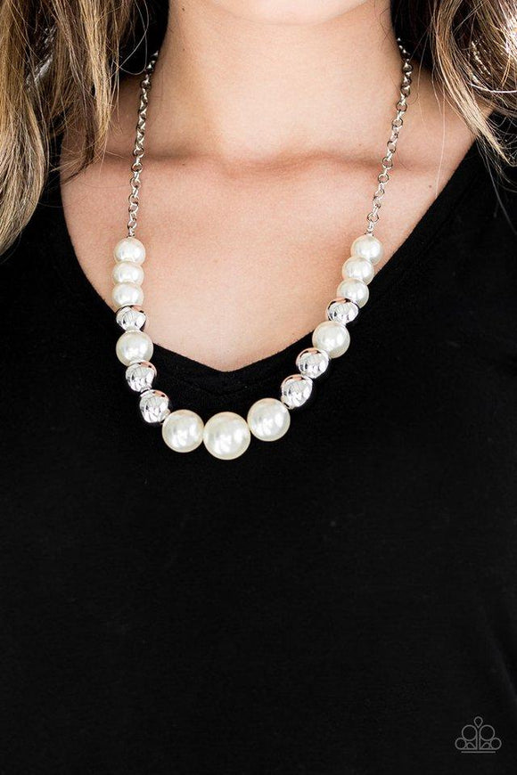 Take Note - White - Paparazzi Accessories -  A collection of oversized silver and pearly white beads drape across the chest for a refined look. Features an adjustable clasp closure.  Sold as one necklace with matching pair of earrings.