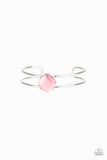 Turn Up The Glow - Pink - Paparazzi Accessories -  Item #P9RE-PKXX-171KH Chiseled into a tranquil square, a glowing pink moonstone is pressed into the center of an airy silver cuff for a perfect pop of color.  Sold as one individual bracelet.