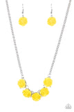 Garden Party Posh - Yellow - Paparazzi Accessories -  Item #P2WH-YWXX-243XX Attached to a shimmery silver chain, a dainty collection of yellow resin roses collect beneath the collar for a whimsical look. Features an adjustable clasp closure.  Sold as one individual necklace. Includes one pair of matching earrings.