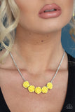 Garden Party Posh - Yellow - Paparazzi Accessories -  Item #P2WH-YWXX-243XX Attached to a shimmery silver chain, a dainty collection of yellow resin roses collect beneath the collar for a whimsical look. Features an adjustable clasp closure.  Sold as one individual necklace. Includes one pair of matching earrings.