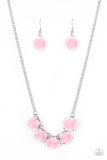 Garden Party Posh - Pink - Paparazzi Accessories -  Item #P2WH-PKXX-395XX Attached to a shimmery silver chain, a dainty collection of pink resin roses collect beneath the collar for a whimsical look. Features an adjustable clasp closure.  Sold as one individual necklace. Includes one pair of matching earrings.