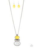 Finding Balance - Yellow - Paparazzi Accessories -  Item #P2SE-YWXX-169XX An oval yellow acrylic bead, shimmery silver rectangular frame, and white stone bead coalesce into a stacked pendant at the bottom of a shiny silver chain for a colorfully earthy look. Features an adjustable clasp closure.  Sold as one individual necklace. Includes one pair of matching earrings.  2021