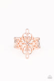 Walk The VINE - Rose Gold - Paparazzi Accessories -  Item #P4WH-GDRS-102XX Glistening rose gold filigree vines and loops across the finger, coalescing into an airy frame. Features a stretchy band for a flexible fit.  Sold as one individual ring.