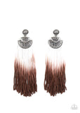 DIP It Up - Brown - Paparazzi Accessories -  Item #P5SE-BNXX-117XX Gradually fading from white to brown, shiny cording streams from the bottom of hammered silver frames, creating a colorful fringe. Earring attaches to a standard post fitting.  Sold as one pair of post earrings.