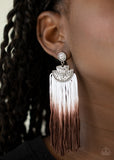 DIP It Up - Brown - Paparazzi Accessories -  Item #P5SE-BNXX-117XX Gradually fading from white to brown, shiny cording streams from the bottom of hammered silver frames, creating a colorful fringe. Earring attaches to a standard post fitting.  Sold as one pair of post earrings.