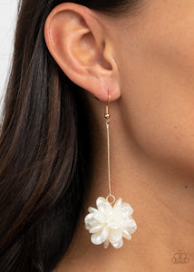 Swing Big - Gold - Paparazzi accessories -  Item #P5WH-GDXX-090XX Featuring faceted surfaces, pearly white teardrop beads delicately cluster at the bottom of a dainty gold chain for an elegant look. Earring attaches to a standard fishhook fitting.  Sold as one pair of earrings.   This piece was featured as part of our Fall Training during Unwritten.