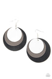 LEATHER Forecast - Black - Paparazzi Accessories -  Item #P5SE-BKXX-190XX Shimmery silver, gray, and black leather circles delicately overlap into a trendy retro lure. Earring attaches to a standard fishhook fitting.  Sold as one pair of earrings.