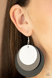 LEATHER Forecast - Black - Paparazzi Accessories -  Item #P5SE-BKXX-190XX Shimmery silver, gray, and black leather circles delicately overlap into a trendy retro lure. Earring attaches to a standard fishhook fitting.  Sold as one pair of earrings.