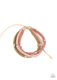 Beach Boundaries - Multi - Paparazzi Accessories -  Item #P9UR-MTXX-199XX Featuring rustic pink, Rose Tan, and Military Olive hues, silver beaded hemp-like cording wraps into three colorful strands around the wrist for a seasonal flair. Features an adjustable sliding knot closure.  Sold as one individual bracelet.   This piece was featured as part of our Fall Training during Unwritten.