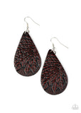 Everyone Remain PALM! - Brown - Paparazzi Accessories -  Item #P5SE-BNXX-128XX Embossed in a leafy palm-like pattern, an earthy brown leather teardrop swings from the ear for a whimsical look. Earring attaches to a standard fishhook fitting.  Sold as one pair of earrings.