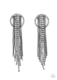 Dazzle by Default - Black - Paparazzi Accessories -  Item #P5PO-BKXX-148XX Dainty strands of glassy white rhinestones and shimmery gunmetal ball-chain stream from the top of a bedazzled white rhinestone hoop, creating a dazzling fringe. Earring attaches to a standard post fitting.  Sold as one pair of post earrings.