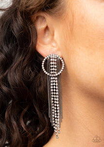 Dazzle by Default - Black - Paparazzi Accessories -  Item #P5PO-BKXX-148XX Dainty strands of glassy white rhinestones and shimmery gunmetal ball-chain stream from the top of a bedazzled white rhinestone hoop, creating a dazzling fringe. Earring attaches to a standard post fitting.  Sold as one pair of post earrings.