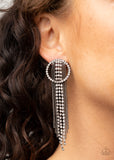 Dazzle by Default - Black - Paparazzi Accessories -  Item #P5PO-BKXX-148XX Dainty strands of glassy white rhinestones and shimmery gunmetal ball-chain stream from the top of a bedazzled white rhinestone hoop, creating a dazzling fringe. Earring attaches to a standard post fitting.  Sold as one pair of post earrings.